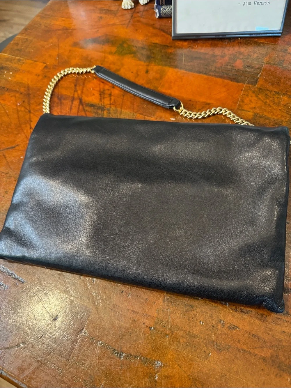 henri bendel Black Leather Fold-Over Clutch with Gold Chain